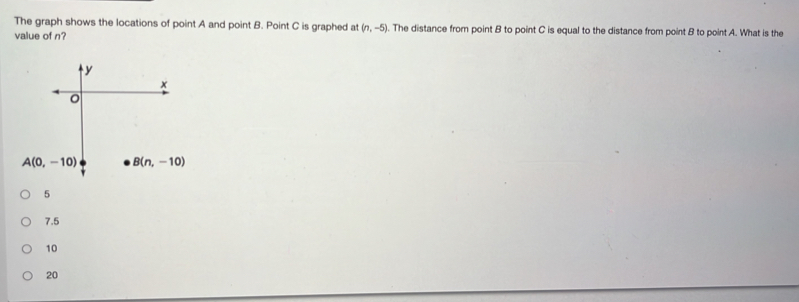 The graph shows the locations of point A and point B. Point C is graphed at (n,-5) ). The distance from point B to point C is equal to the distance from point B to point A. What is the
value of n?
5
7.5
10
20