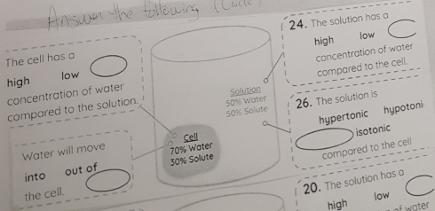 The cell has a 24. The solution has a 
high 
low 
compared to the cell. 
concentration of water concentration of water 
high 
low 
compared to the solution. 50% Water Solution
50% Solute 26. The solution is
70% Water hypertonic hypotoni 
isotonic 
Water will move Cell 
compared to the cell 
into out of 30% Solute 
the cell. 
20. The solution has a 
high low 
of w ater