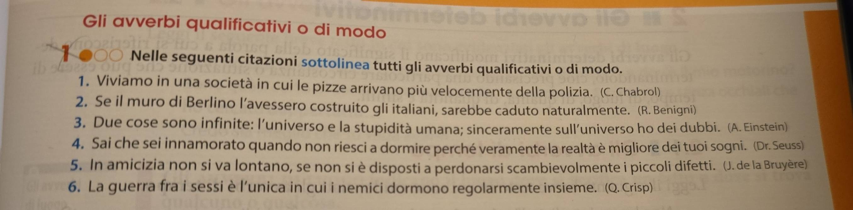 Gli avverbi qualificativi o di modo 
Nelle seguenti citazioni sottolinea tutti gli avverbi qualificativi o di modo. 
1. Viviamo in una società in cui le pizze arrivano più velocemente della polizia. (C. Chabrol) 
2. Se il muro di Berlino l’avessero costruito gli italiani, sarebbe caduto naturalmente. (R. Benigni) 
3. Due cose sono infinite: l’universo e la stupidità umana; sinceramente sull’universo ho dei dubbi. (A. Einstein) 
4. Sai che sei innamorato quando non riesci a dormire perché veramente la realtà è migliore dei tuoi sogni. (Dr. Seuss) 
5. In amicizia non si va lontano, se non si è disposti a perdonarsi scambievolmente i piccoli difetti. (J. de la Bruyère) 
6. La guerra fra i sessi èl’unica in cui i nemici dormono regolarmente insieme. (Q. Crisp)