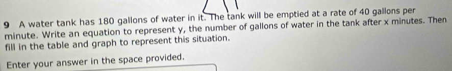 A water tank has 180 gallons of water in it. The tank will be emptied at a rate of 40 gallons per
minute. Write an equation to represent y, the number of gallons of water in the tank after x minutes. Then 
fill in the table and graph to represent this situation. 
Enter your answer in the space provided.