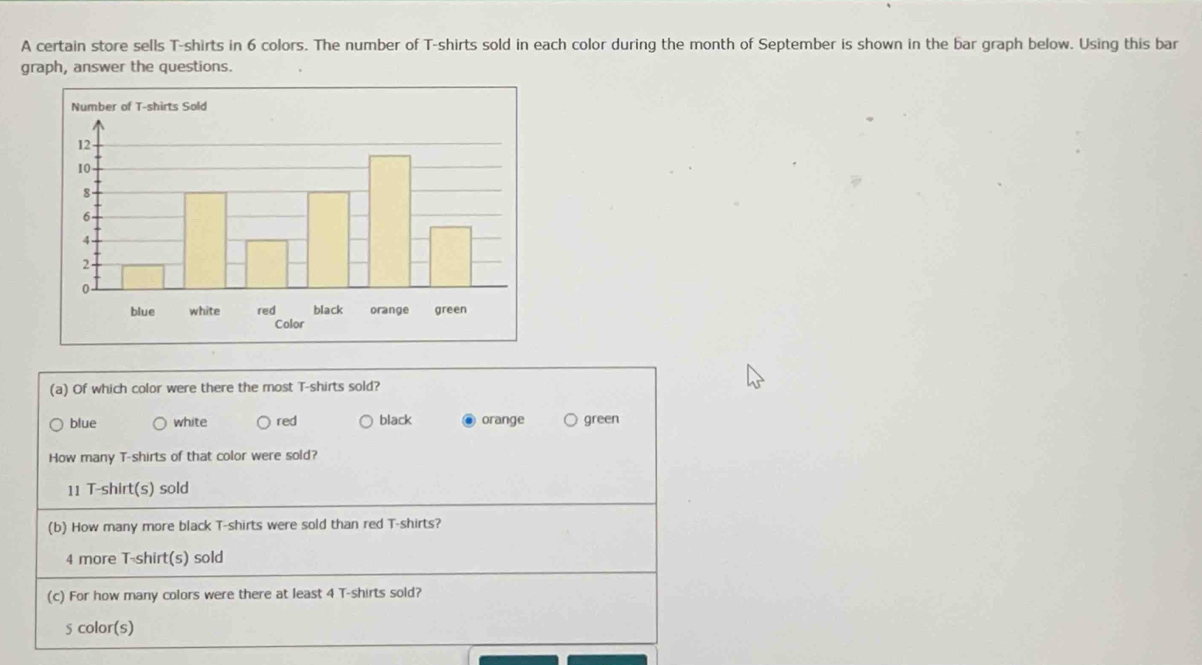 A certain store sells T-shirts in 6 colors. The number of T-shirts sold in each color during the month of September is shown in the bar graph below. Using this bar
graph, answer the questions.
(a) Of which color were there the most T-shirts sold?
blue white red black ● orange green
How many T-shirts of that color were sold?
11 T-shirt(s) sold
(b) How many more black T-shirts were sold than red T-shirts?
4 more T-shirt(s) sold
(c) For how many colors were there at least 4 T-shirts sold?
5 color(s)