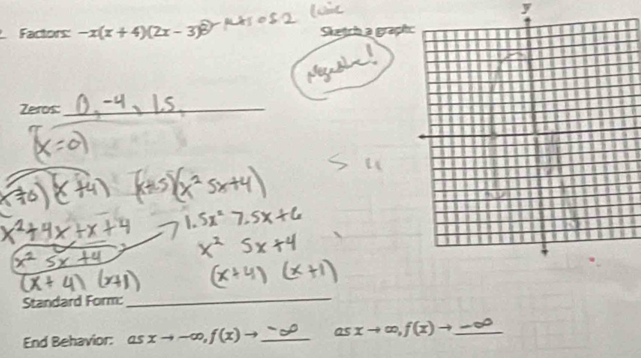 Factors: -x(x+4)(2x-3)
Zeros:_
Standard Form:
_
End Behavior: asxto -∈fty , f(x)to _ as xto ∈fty , f(x)to _  _