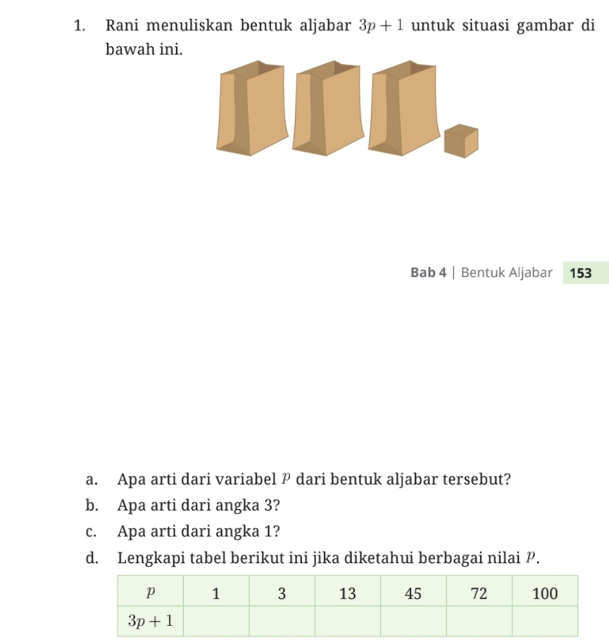 Rani menuliskan bentuk aljabar 3p+1 untuk situasi gambar di
bawah ini.
Bab 4 | Bentuk Aljabar 153
a. Apa arti dari variabel P dari bentuk aljabar tersebut?
b. Apa arti dari angka 3?
c. Apa arti dari angka 1?
d. Lengkapi tabel berikut ini jika diketahui berbagai nilai P.