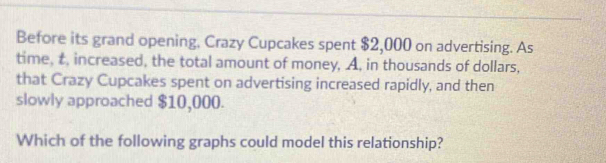 Before its grand opening. Crazy Cupcakes spent $2,000 on advertising. As 
time, t, increased, the total amount of money, A, in thousands of dollars, 
that Crazy Cupcakes spent on advertising increased rapidly, and then 
slowly approached $10,000. 
Which of the following graphs could model this relationship?