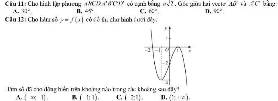 Cho hình lập phương ABCD. A'B'C'D' có cạnh bằng asqrt(2). Góc giữa hai vecto overline AB' và overline A'C' bằng:
A. 30°. B. 45°. C. 60°. D. 90°. 
Câu 12: Cho hàm số y=f(x) có đồ thị như hình dưới đây.
Hàm số đã cho đồng biển trên khoảng nào trong các khoảng sau đây?
A. (-∈fty ;-1). B. (-1;1). C. (-2:1). D. (1;+∈fty ).