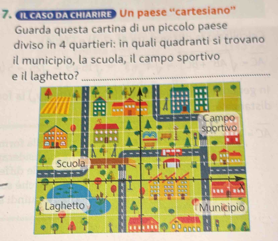 IL CASO DA CHIARIRE Un paese “cartesiano” 
Guarda questa cartina di un piccolo paese 
diviso in 4 quartieri: in quali quadranti si trovano 
il municipio, la scuola, il campo sportivo 
e il laghetto?