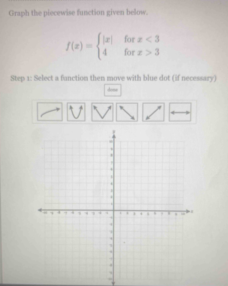 Graph the piecewise function given below.
f(x)=beginarrayl |x|forx<3 4forx>3endarray.
Step 1: Select a function then move with blue dot (if necessary) 
done
-10