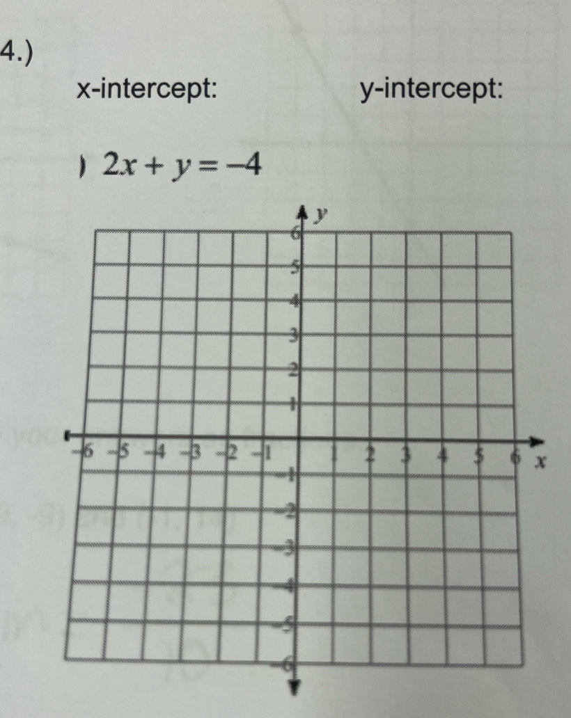 4.) 
x-intercept: y-intercept:
2x+y=-4