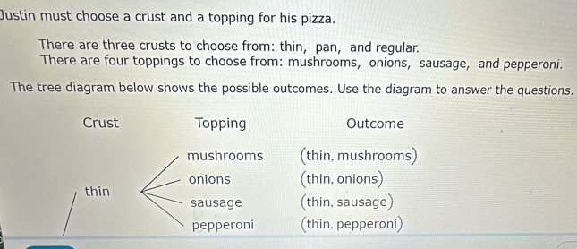 Justin must choose a crust and a topping for his pizza.
There are three crusts to choose from: thin, pan, and regular.
There are four toppings to choose from: mushrooms, onions, sausage, and pepperoni.
The tree diagram below shows the possible outcomes. Use the diagram to answer the questions.
Crust Topping Outcome
mushrooms (thin, mushrooms)
onions (thin, onions)
thin
sausage (thin, sausage)
pepperoni (thin. pepperoni)