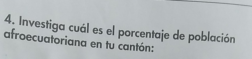 Investiga cuál es el porcentaje de población 
afroecuatoriana en tu cantón: