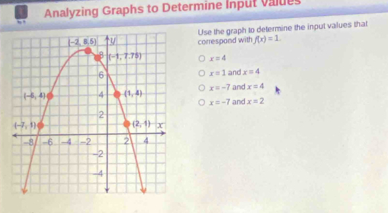 Analyzing Graphs to Determine Input values
Use the graph to determine the input values that
correspond with f(x)=1.
x=4
x=1 and x=4
x=-7 and x=4
x=-7 and x=2