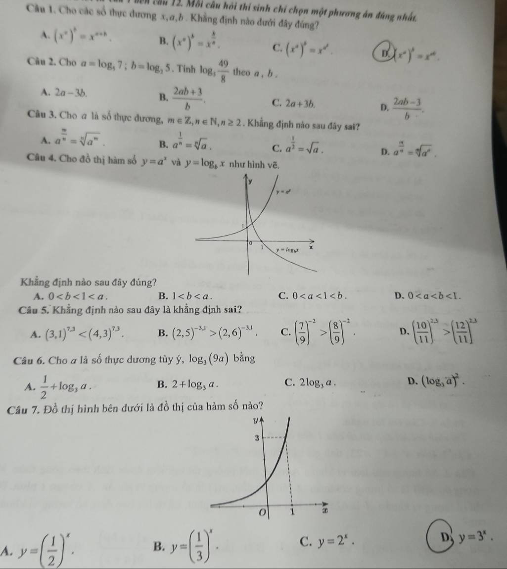 Mà cầu 12. Mỗi câu hồi thí sinh chỉ chọn một phương án đúng nhất.
Câu 1. Cho các số thực dương x,a,b . Khằng định nào dưới đây đúng?
A. (x^a)^b=x^(a+b). B. (x^a)^b=x^(frac b)a. C. (x^a)^b=x^(a^b). (x^a)^b=x^(ab).
Câu 2. Cho a=log _57;b=log _25. Tinh log _5 49/8  theo a , b .
A. 2a-3b.
B.  (2ab+3)/b . C. 2a+3b. D.  (2ab-3)/b .
Câu 3. Cho a là số thực đương, m∈ Z,n∈ N,n≥ 2. Khẳng định nào sau đây sai?
A. a^(frac m)n=sqrt[n](a^m). a^(frac 1)n=sqrt[n](a).
B.
C. a^(frac 1)2=sqrt(a). a^(frac m)n=sqrt[n](a^n).
D.
Câu 4. Cho đồ thị hàm số y=a^x và y=log _bx như hình voverline c.
Khẳng định nào sau đây đúng?
A. 0 B. 1 C. 0 D. 0<1.
Câu 5. Khẳng định nào sau đây là khẳng định sai?
A. (3,1)^7,3 B. (2,5)^-3,1>(2,6)^-3,1. C. ( 7/9 )^-2>( 8/9 )^-2. D. ( 10/11 )^2.3>( 12/11 )^2.3
Câu 6. Cho a là số thực dương tùy ý, log _3(9a) bằng
A.  1/2 +log _3a.
B. 2+log _3a. C. 2log _3a. D. (log _3a)^2.
Câu 7. Đồ thị hình bên dưới là đồ thị của hàm số nào?
C.
D
A. y=( 1/2 )^x. B. y=( 1/3 )^x. y=2^x. y=3^x.