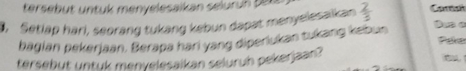 tersebüt untuk menyelesaikan selurun pak 
3. Setlap hari, seorang tukang kebun dapat menyelesalkan  2/3  Conts Des e 
bagian pekerjaan. Berapa hari yang diperlukan tukang kebun 
Pake 
tersebut untuk menvelesaikan seluruh pekerjaan?