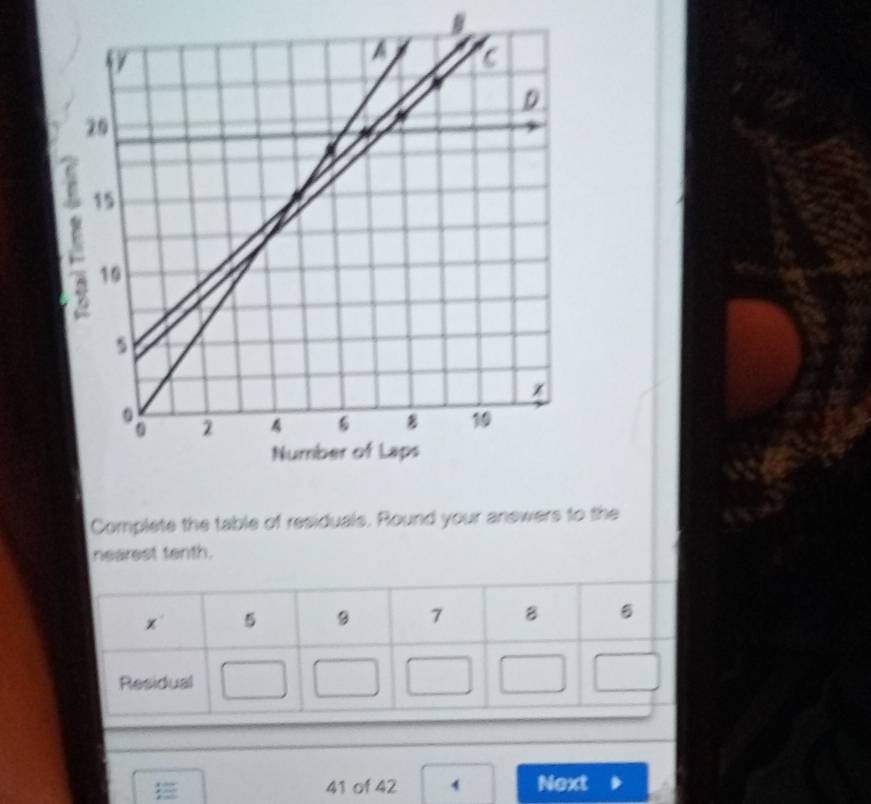 Complete the table of residuals. Round your answers to the 
nearest tenth.
= 41 of 42 4 Next