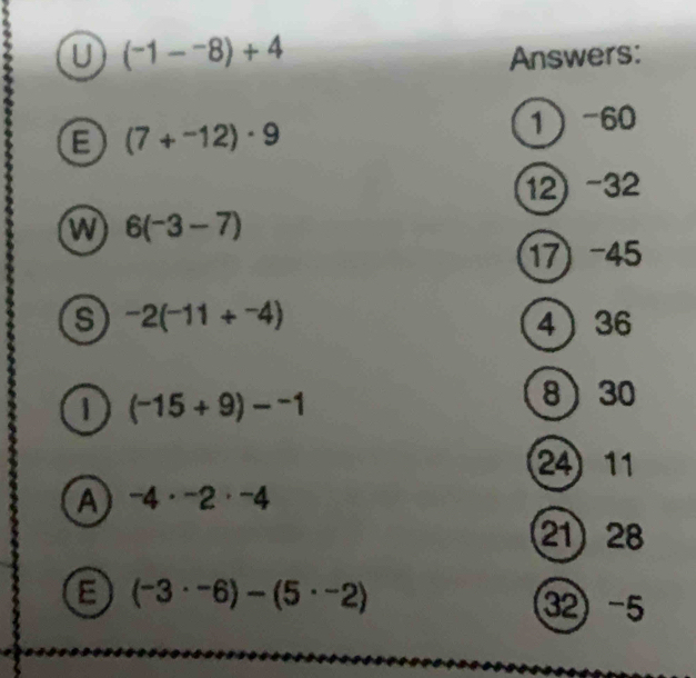 (-1--8)+4
Answers: 
E (7+^-12)· 9
1 -60
12) −32
W 6(-3-7)
17) −45
S -2(-11+^-4) 4 36
1 (-15+9)-^-1
8 30
24 11
A -4· -2· -4
21) 28
(-3· -6)-(5· -2) 32 -5