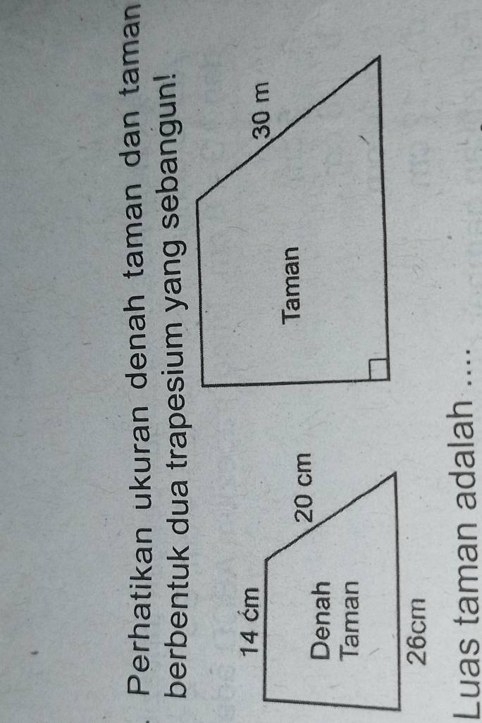 Perhatikan ukuran denah taman dan taman 
berbentuk dua trapesium yang sebangun! 
Luas taman adalah ....