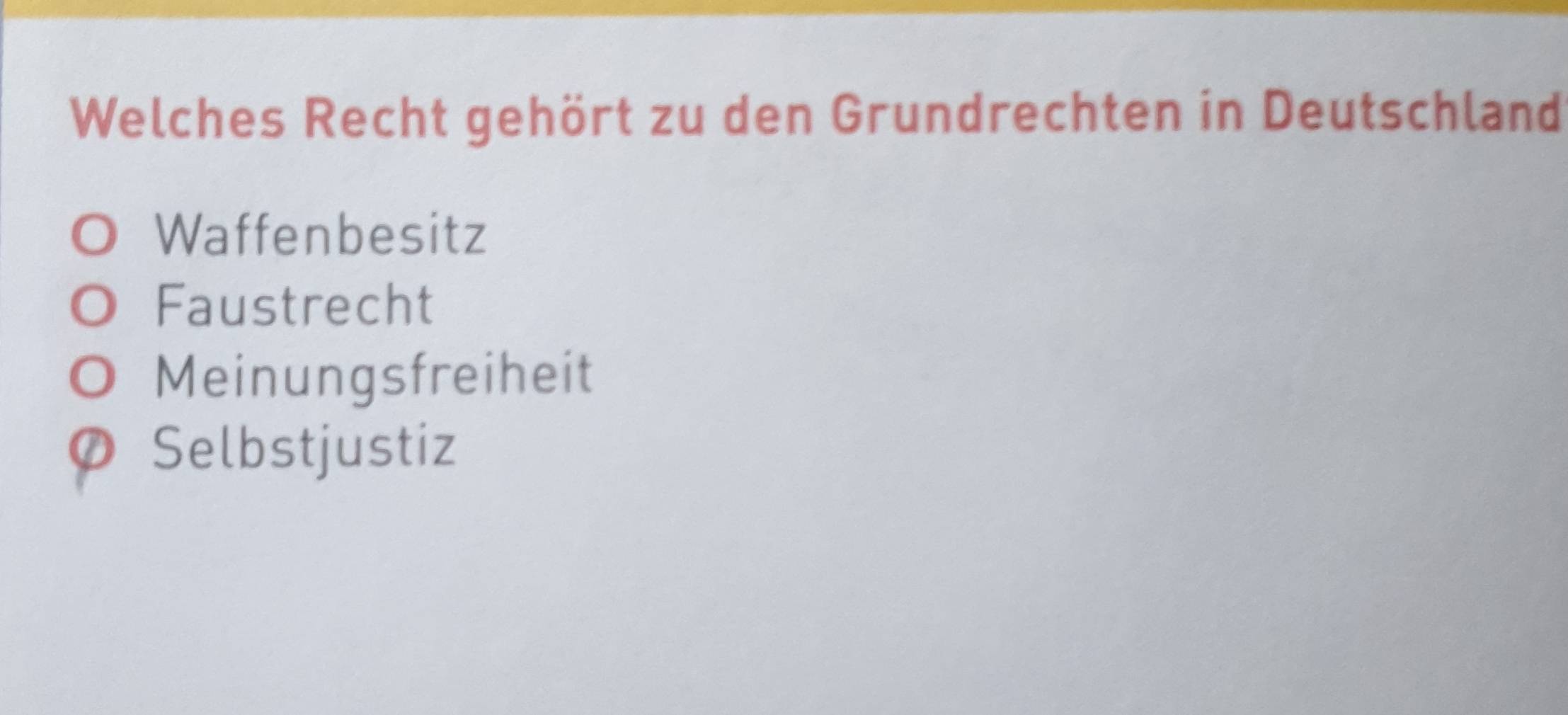 Welches Recht gehört zu den Grundrechten in Deutschland
Waffenbesitz
Faustrecht
Meinungsfreiheit
Selbstjustiz