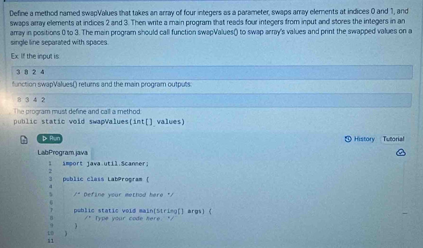Solved: Define a method named swapValues that takes an array of four ...