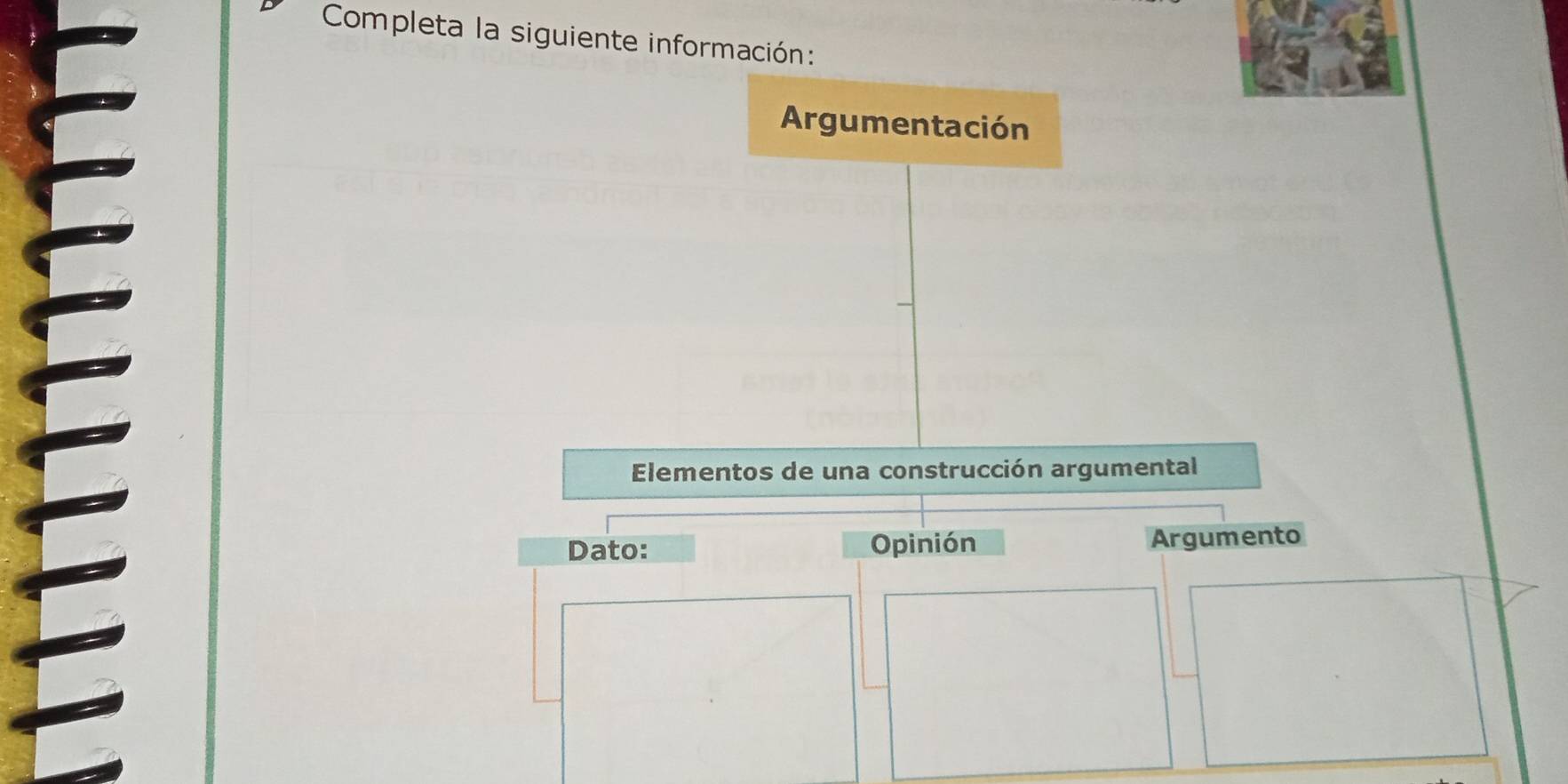 Completa la siguiente información: 
Argumentación 
Elementos de una construcción argumental 
Dato: Opinión Argumento