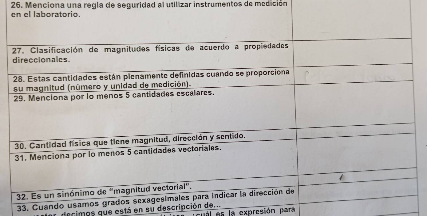 Menciona una regla de seguridad al utilizar instrumentos de medición 
33. Cuando u 
decimos que está en su descripción de. 
cuál es la expresión para