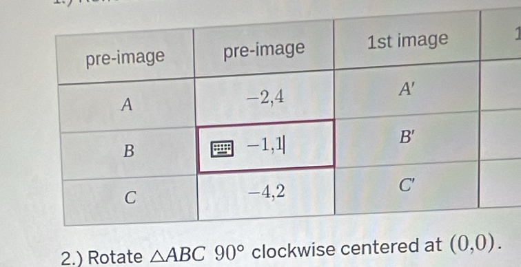 1
2.) Rotate △ ABC90° clockwise center