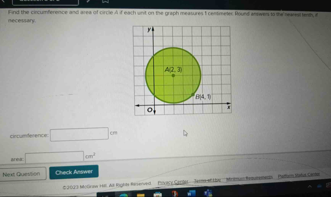 Find the circumference and area of circle A if each unit on the graph ...