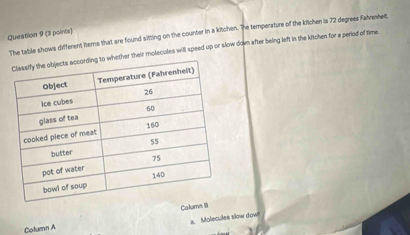 The table shows different items that are found sitting on the counter in a kitchen. The temperature of the kitchen is 72 degrees Fahrenheit. 
ether their molecules will speed up or slow dovn after being left in the kitchen for a period of time. 
Column B 
a. Molecules slow dow! 
Column A