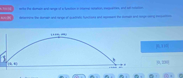 7(1) [S] write the domain and range of a function in interval notation, inequalities, and set notation.
6(A)[R] determine the domain and range of quadratic functions and represent the domain and range using inequalities.
[0,110]
[0,230]
7 4 5 6 7 R