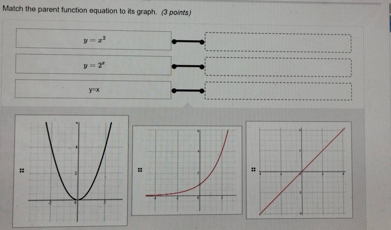 Match the parent function equation to its graph. (3 points)
y=x^2
y=2^x
y=x
: