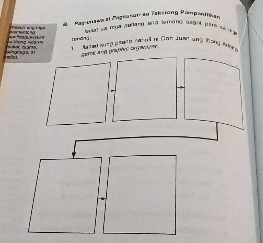 Pag-unawa at Pagsusuri sa Tekstong Pampanitikan 
masuri ang mga i suiat sa mga patlang ang tamang sagot para sa m g 
blementong 
panlingguwistika 
tanong. 
sa Ibóng Adarna 
(sukat, tugma, 1. Ilahad kung paano nahuli ni Don Juan ang Ibong Adama 
allnghaga, at 
ostilo). 
gamit ang graphic organizer.