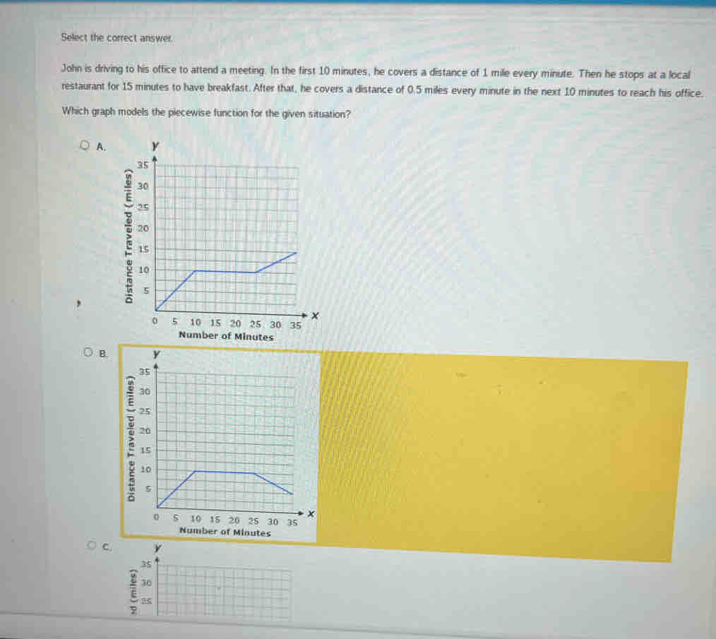 Select the correct answer.
John is driving to his office to attend a meeting. In the first 10 minutes, he covers a distance of 1 mile every minute. Then he stops at a local
restaurant for 15 minutes to have breakfast. After that, he covers a distance of 0.5 miles every minute in the next 10 minutes to reach his office.
Which graph models the piecewise function for the given situation?
A.
B.
c