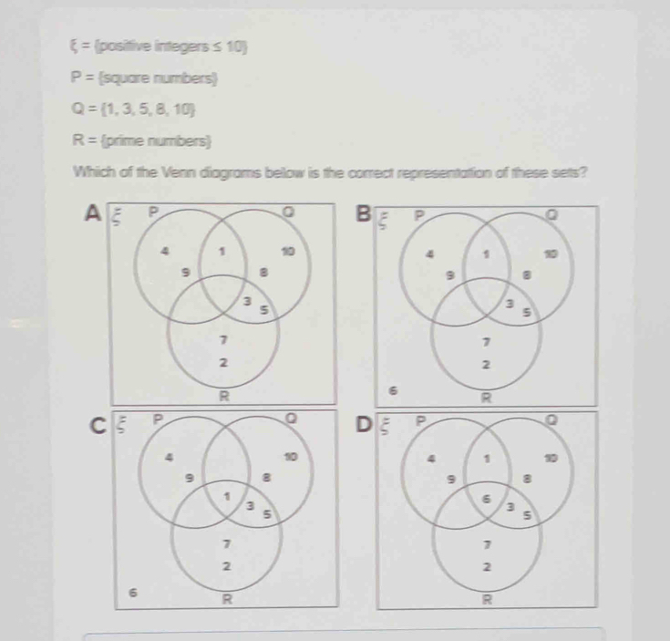 xi = (positive integers ≤ 10)
P= square numbers
Q= 1,3,5,8,10
R= prime numbers
Which of the Venn diagrams below is the correct representation of these sets? 
A 
B 

C 
D