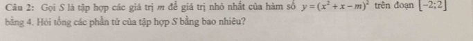 Gọi S là tập hợp các giá trị m đề giá trị nhỏ nhất của hàm số y=(x^2+x-m)^2 trên đoạn [-2;2]
bằng 4. Hỏi tổng các phần tử của tập hợp S bằng bao nhiêu?