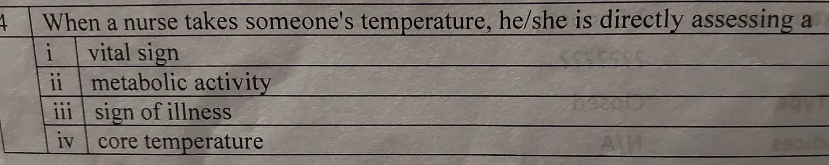 When a nurse takes someone's temperature, he/she is directly assessing a 
i vital sign 
ⅱ metabolic activity 
iii sign of illness 
iv core temperature