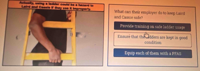 Actually, using a ladder could be a hazard to
Laird and Cassie if they use it improperly. What can their employer do to keep Laird
and Cassie safe?
Provide training on safe ladder usage
Ensure that the dders are kept in good
condition
Equip each of them with a PFAS