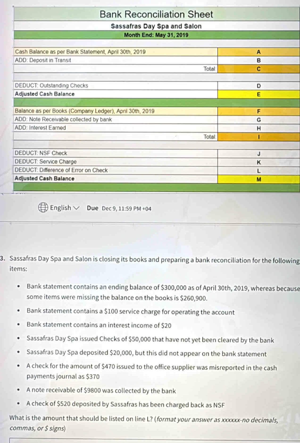 Sassafras Day Spa and Salon is closing its books and preparing a bank reconciliation for the following
items:
Bank statement contains an ending balance of $300,000 as of April 30th, 2019, whereas because
some items were missing the balance on the books is $260,900.
Bank statement contains a $100 service charge for operating the account
Bank statement contains an interest income of $20
Sassafras Day Spa issued Checks of $50,000 that have not yet been cleared by the bank
Sassafras Day Spa deposited $20,000, but this did not appear on the bank statement
A check for the amount of $470 issued to the office supplier was misreported in the cash
payments journal as $370
A note receivable of $9800 was collected by the bank
A check of $520 deposited by Sassafras has been charged back as NSF
What is the amount that should be listed on line L? (format your answer as xxxxxx-no decimals,
commas, or $ signs)