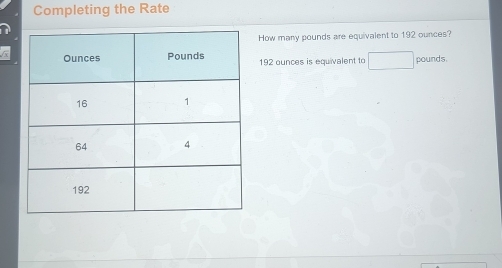 Completing the Rate 
How many pounds are equivalent to 192 ounces?
192 ounces is equivalent to pounds.