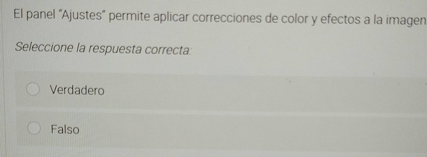 El panel “Ajustes” permite aplicar correcciones de color y efectos a la imagen
Seleccione la respuesta correcta:
Verdadero
Falso