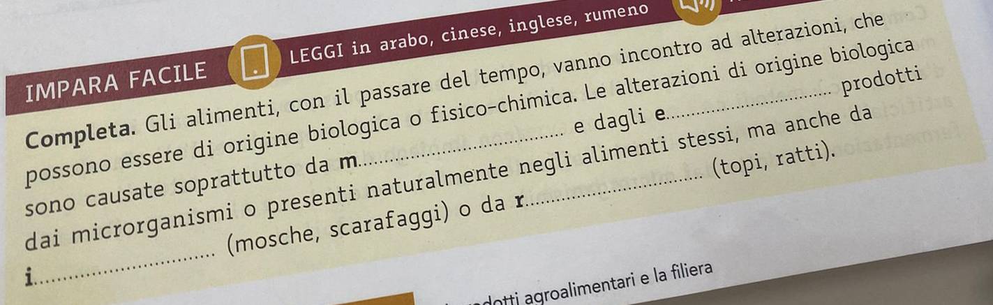 IMPARA FACILE LEGGI in arabo, cinese, inglese, rumeno 
Completa. Gli alimenti, con il passare del tempo, vanno incontro ad alterazioni, che 
possono essere di origine biologica o fisico-chimica. Le alterazioni di origine biologica 
e dagli e. 
sono causate soprattutto da m ___prodotti 
_ 
dai microrganismi o presenti naturalmente negli alimenti stessi, ma anche da 
(mosche, scarafaggi) o da r (topi, ratti). 
; 
lottj agroalimentari e la filiera