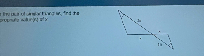 the pair of similar triangles, find the 
propriate value(s) of x.