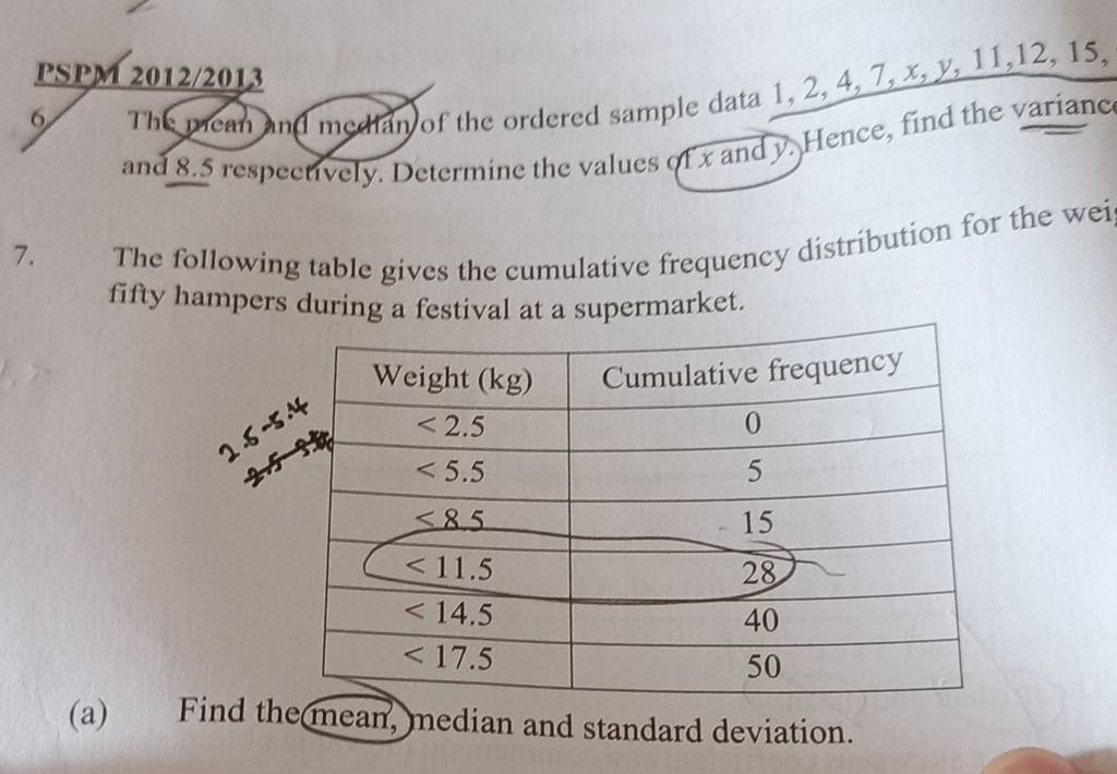 PSPM 2012/2013
6
The mean and median of the ordered sample data 1, 2, 4, 7, x, y, 11,12, 15,
and 8.5 respectively. Determine the values of x and y. Hence, find the varianc
7. The following table gives the cumulative frequency distribution for the wei
fifty hampers during a festival at a supermarket.
(a) Find the mean, median and standard deviation.