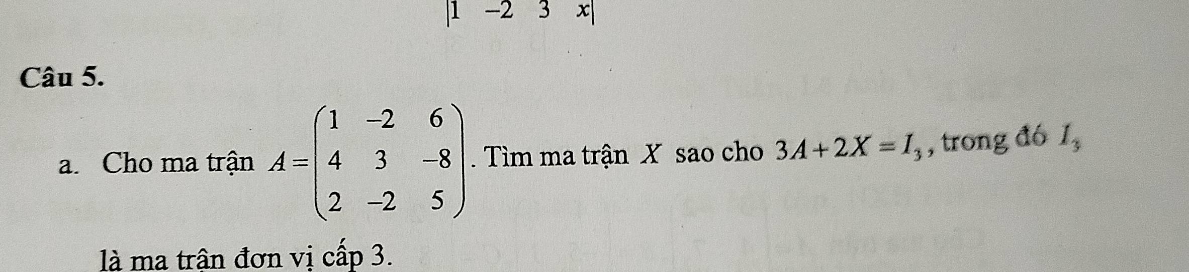 |1-23x|
Câu 5. 
a. Cho ma trận A=beginpmatrix 1&-2&6 4&3&-8 2&-2&5endpmatrix. Tìm ma trận X sao cho 3A+2X=I_3 , trong đó I_3
là ma trân đơn vi cấp 3.