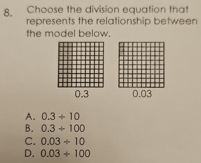 Choose the division equation that
represents the relationship between
the model below.

A. 0.3/ 10
B. 0.3/ 100
C. 0.03/ 10
D. 0.03/ 100