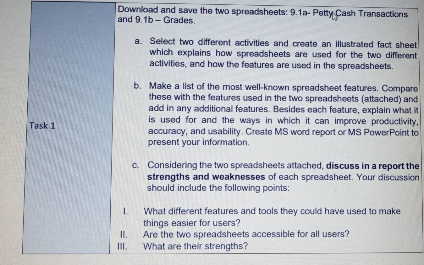 Download and save the two spreadsheets: 9.1a- Petty Cash Transactions 
and 9.1b - Grades. 
a. Select two different activities and create an illustrated fact sheet 
which explains how spreadsheets are used for the two different 
activities, and how the features are used in the spreadsheets. 
b. Make a list of the most well-known spreadsheet features. Compare 
these with the features used in the two spreadsheets (attached) and 
add in any additional features. Besides each feature, explain what it 
Task 1 
is used for and the ways in which it can improve productivity, 
accuracy, and usability. Create MS word report or MS PowerPoint to 
present your information. 
c. Considering the two spreadsheets attached, discuss in a report the 
strengths and weaknesses of each spreadsheet. Your discussion 
should include the following points: 
I. What different features and tools they could have used to make 
things easier for users? 
II. Are the two spreadsheets accessible for all users? 
III. What are their strengths?