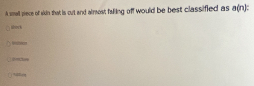 A small piece of skin that is cut and almost falling off would be best classified as a(n)
stock
senclse