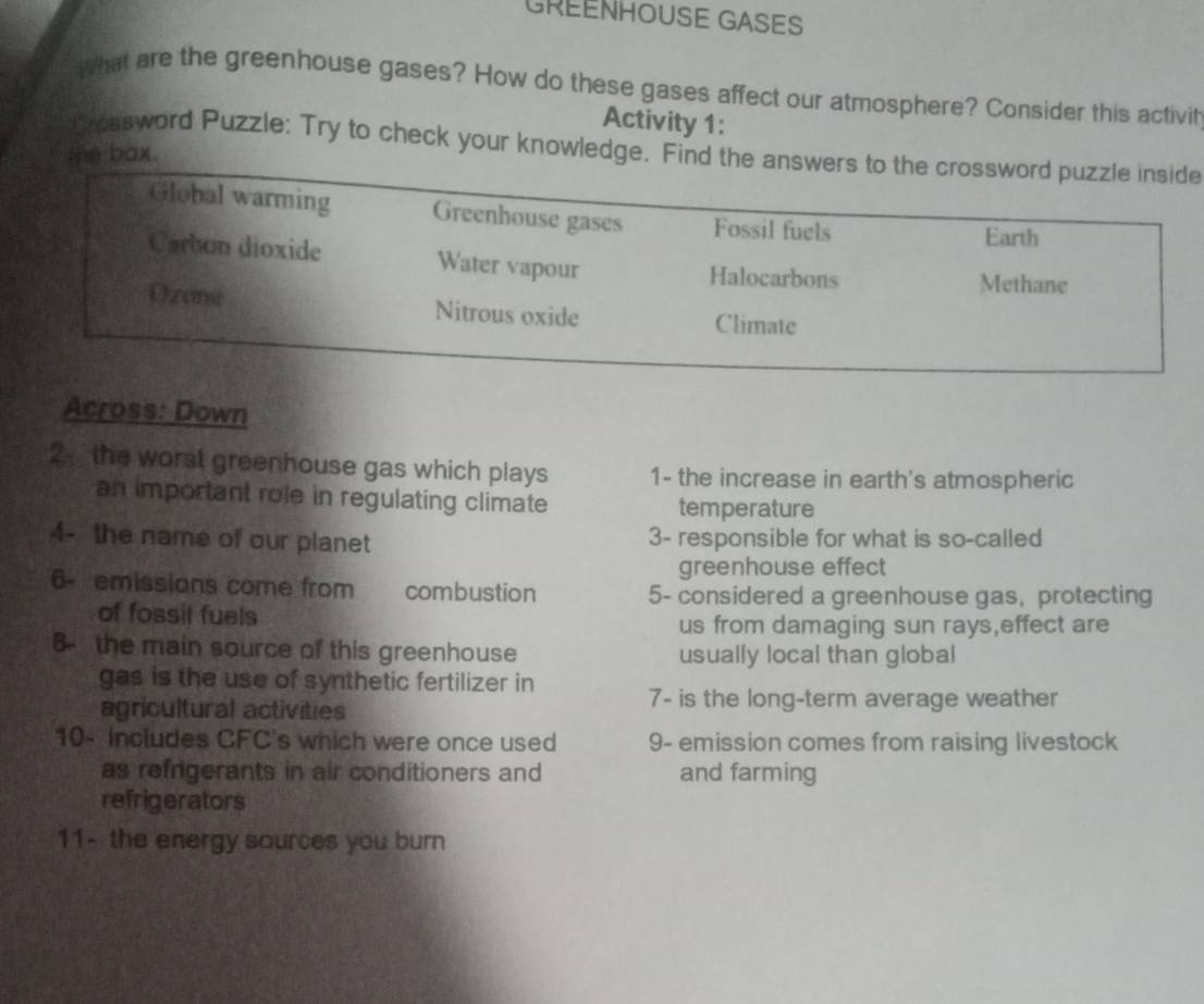 GREENHOUSE GASES 
What are the greenhouse gases? How do these gases affect our atmosphere? Consider this activit 
Activity 1: 
Crossword Puzzle: Try to check your knowledge. Find the answerse 
me bàx. 
Across: Down 
2 the worst greenhouse gas which plays 1- the increase in earth's atmospheric 
an important role in regulating climate temperature 
4- the name of our planet 3- responsible for what is so-called 
greenhouse effect 
6- emissions come from combustion 5- considered a greenhouse gas, protecting 
of fossil fuels 
us from damaging sun rays,effect are 
8 the main source of this greenhouse usually local than global 
gas is the use of synthetic fertilizer in 
agricultural activities 
7- is the long-term average weather 
10- includes CFC's which were once used 9- emission comes from raising livestock 
as refrigerants in air conditioners and and farming 
refrigerators 
11- the energy sources you burn