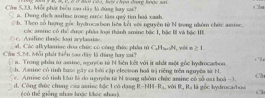 Trong mộty à, b, c, à ở môi câu, hay chọn dụng hoạc sai.
Câu 5.23. Mỗi phát biểu sau đây là đúng hay sai? Câu
a. Dung dịch aniline trong nước làm quỳ tím hoá xanh.
b. Theo số lượng gốc hydrocarbon liên kết với nguyên tử N trong nhóm chức amine,
các amine có thể được phân loại thành amine bậc 1, bậc II và bậc III.
c. Aniline thuộc loại arylamine.
d. Các alkylamine đơn chức có công thức phân tử C_nH_2n+3N , với n≥ 1. 
Câu 5.24. Mỗi phát biểu sau đây là đúng hay sai?
a. Trong phân tử amine, nguyên tử N liên kết với ít nhất một gốc hydrocarbon.
b. Amine có tính base gây ra bởi cặp electron hoá trị riêng trên nguyên tử N. Cât
c. Amine có tính khử là do nguyên tử N trong nhóm chức amine có số oxi hoá −3.
d. Công thức chung của amine bậc 1 có dạng R-NH-R_1 , với R, R_1 là ghat Oc hydrocarbon
(có thể giống nhau hoặc khác nhau).
Câ