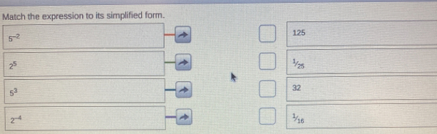 Match the expression to its simplified form.
125
5^(-2)
2^5
1/25
5^3
32
2^(-4)
1/16