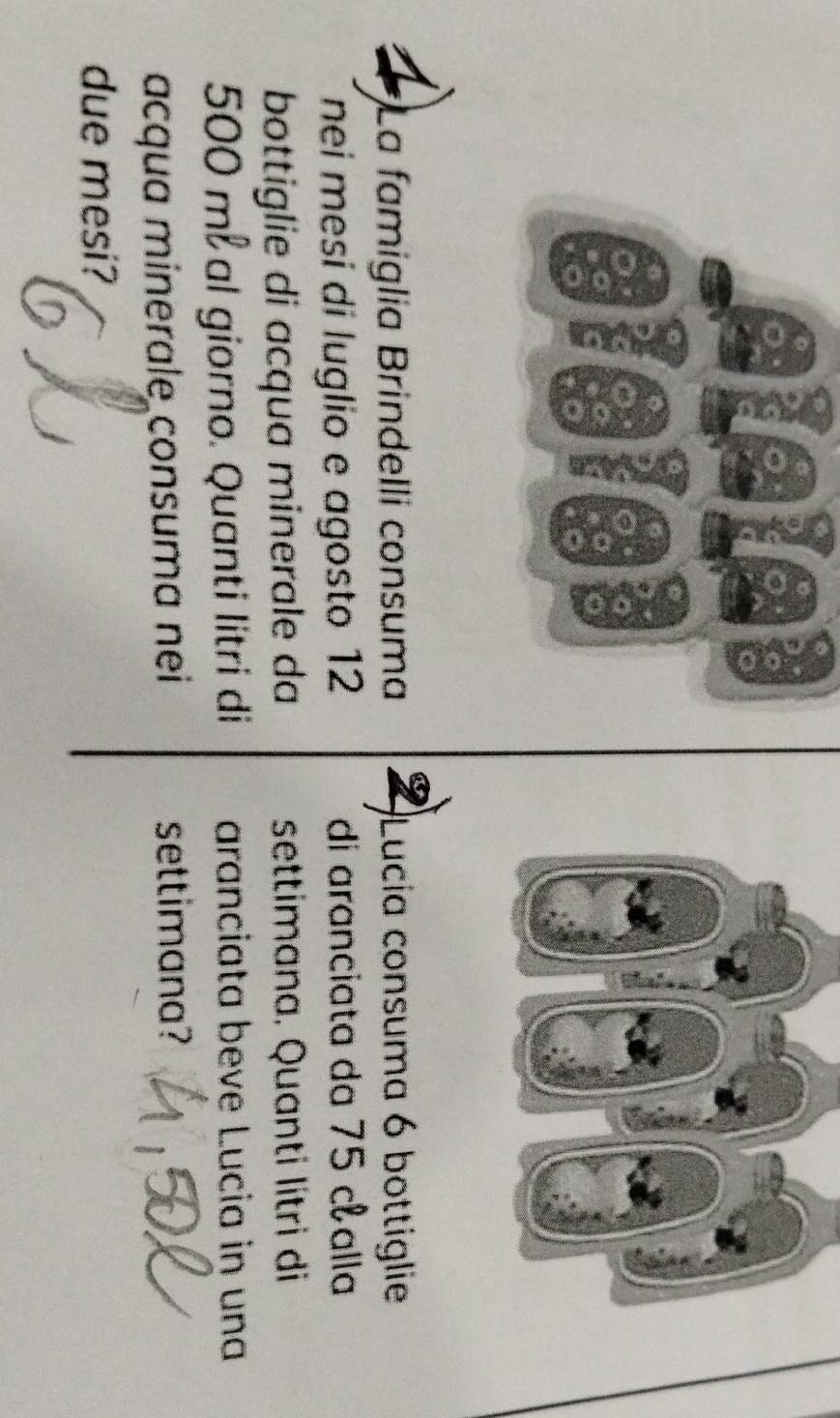 La famiglia Brindelli consuma 2 Lucia consuma 6 bottiglie 
nei mesí di luglio e agosto 12 di aranciata da 75 cíalla 
bottiglie di acqua minerale da settimana. Quanti lítri di
500 m² al giorno. Quanti litri di aranciata beve Lucia in una 
acqua minerale consuma nei settimana? 
due mesi?