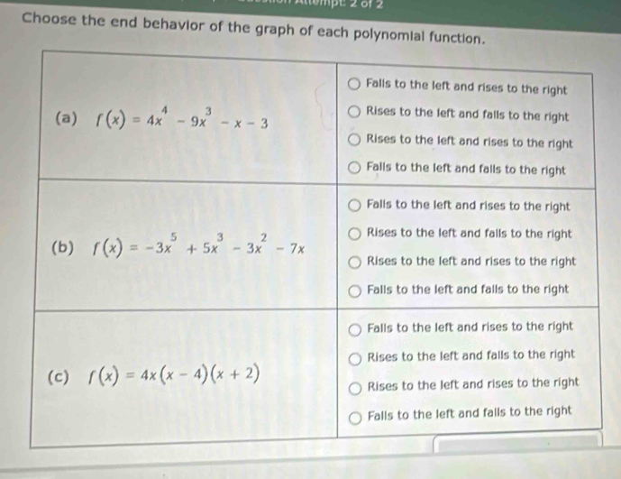 Choose the end behavior of the graph of each polynomi